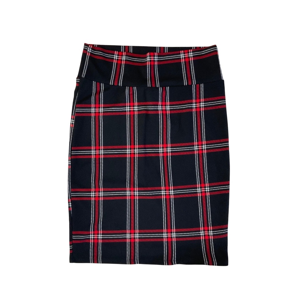 LuLaRoe Pencil Skirt Women Large Black Red Excellence Plaid Cassy 15.5" x 26"